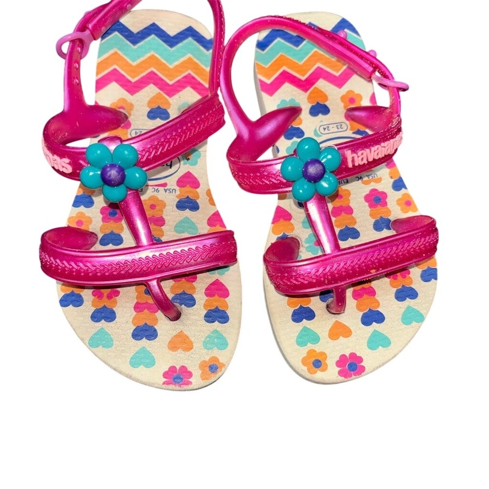 Havaianas Girls Sandal Pink Flower Charm Hearts US 9C EU 25/26 beach resort shoe
